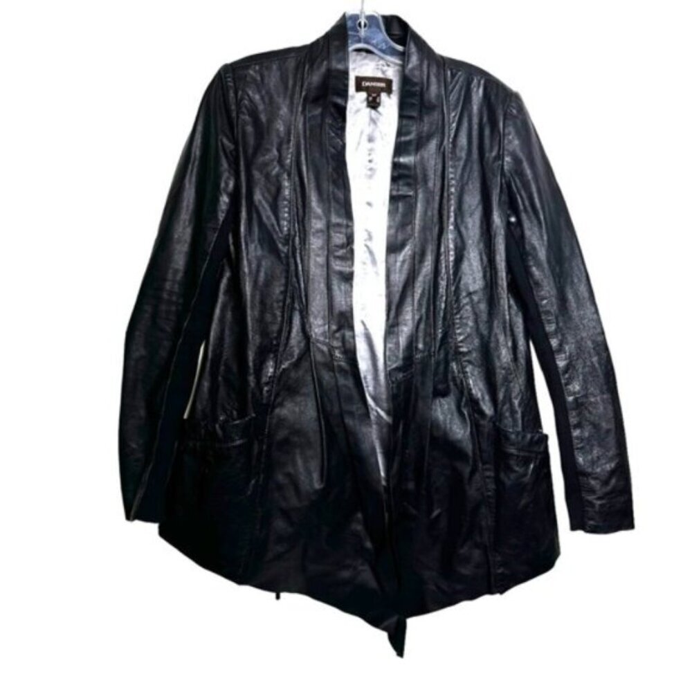 Daniel Leather Open Shawl Collar Jacket Blazer Ties Ribbed Stretch Sides Pockets - Picture 2 of 16